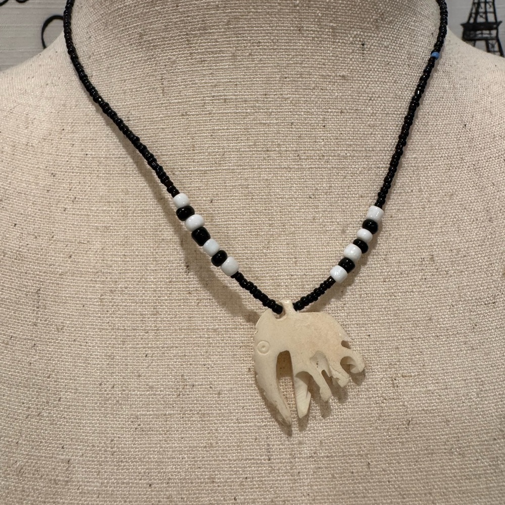 Black and White Beaded Necklace with Elephant Pendant